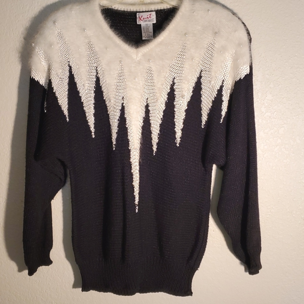 ANGORA BLACK/WHITE SWEATER w/ PEARLS - SIZE SMALL